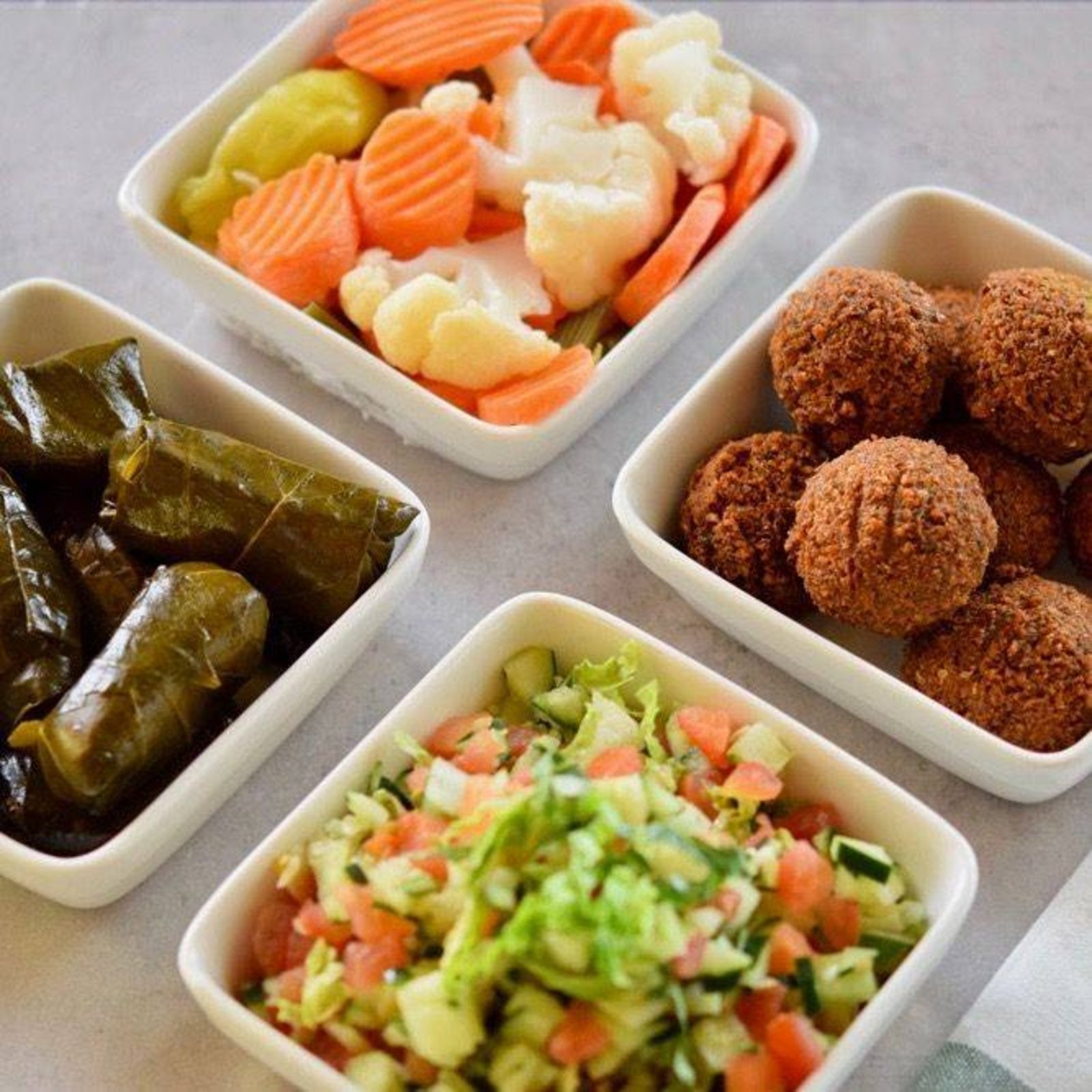 Mediterranean meal with hummus, shawarma wraps, and French fries